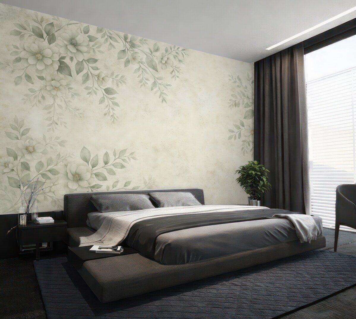 Fototapeta Kwiaty z konarami na szarym tle w stylu grunge minimalizm.