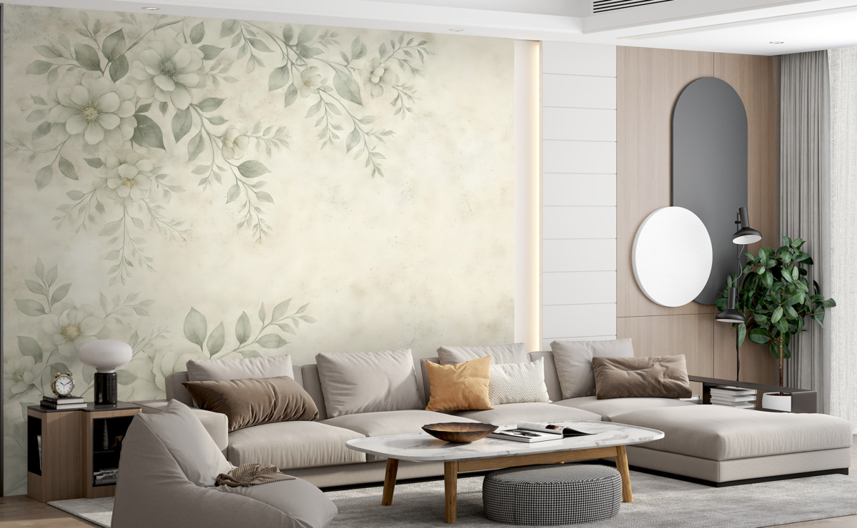 Fototapeta Kwiaty z konarami na szarym tle w stylu grunge minimalizm.