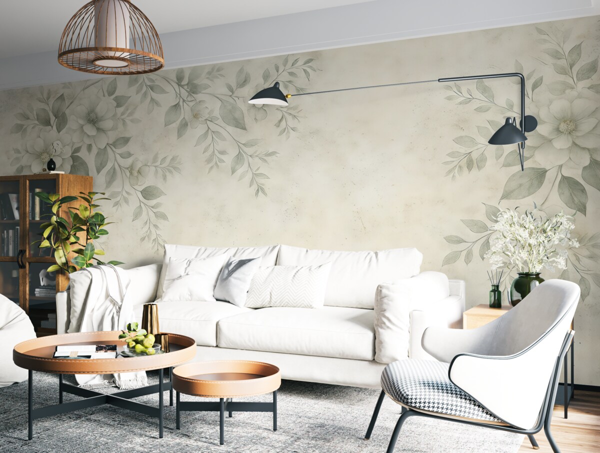 Fototapeta Kwiaty z konarami na szarym tle w stylu grunge minimalizm.