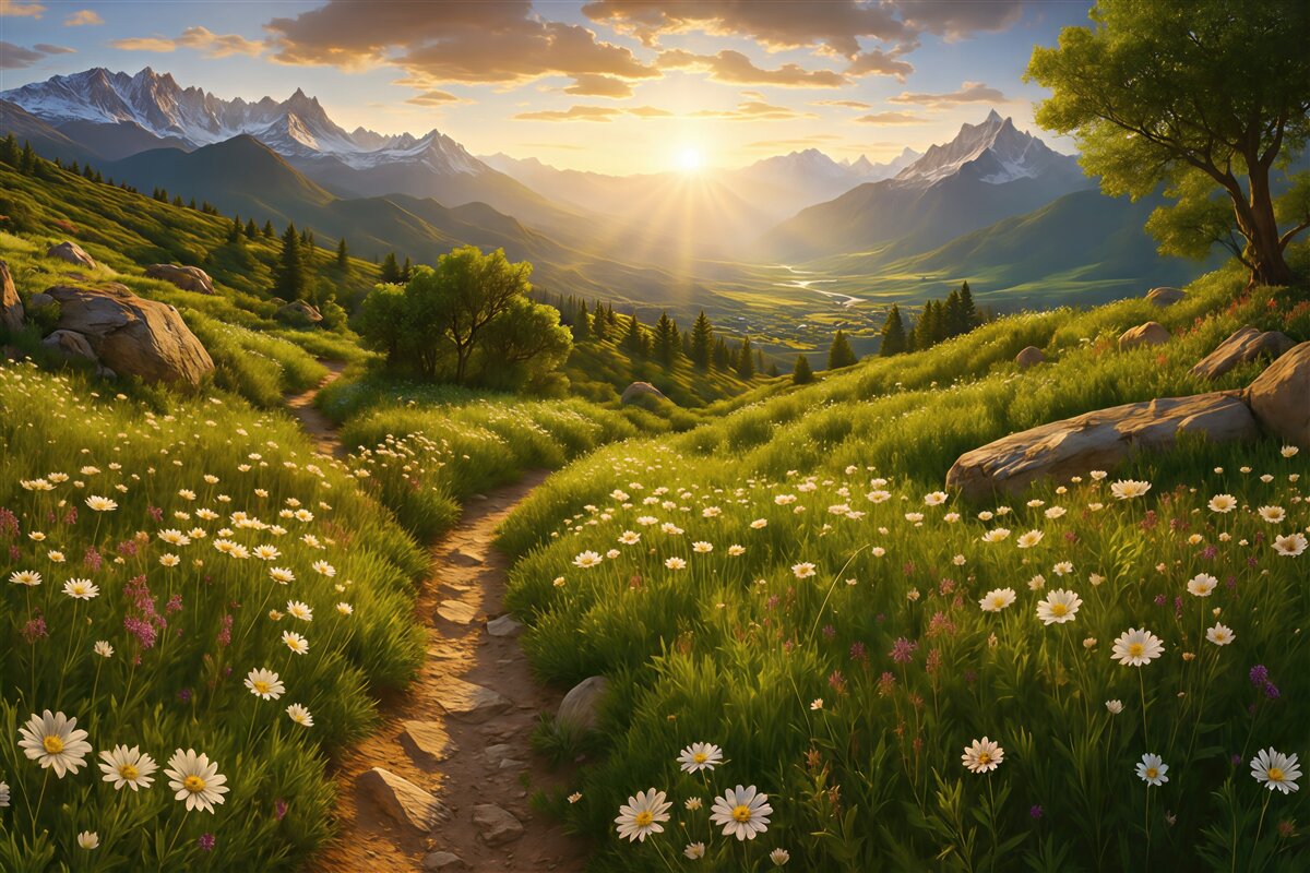 Fototapeta Zachód słońca nad górskim pejzażem.