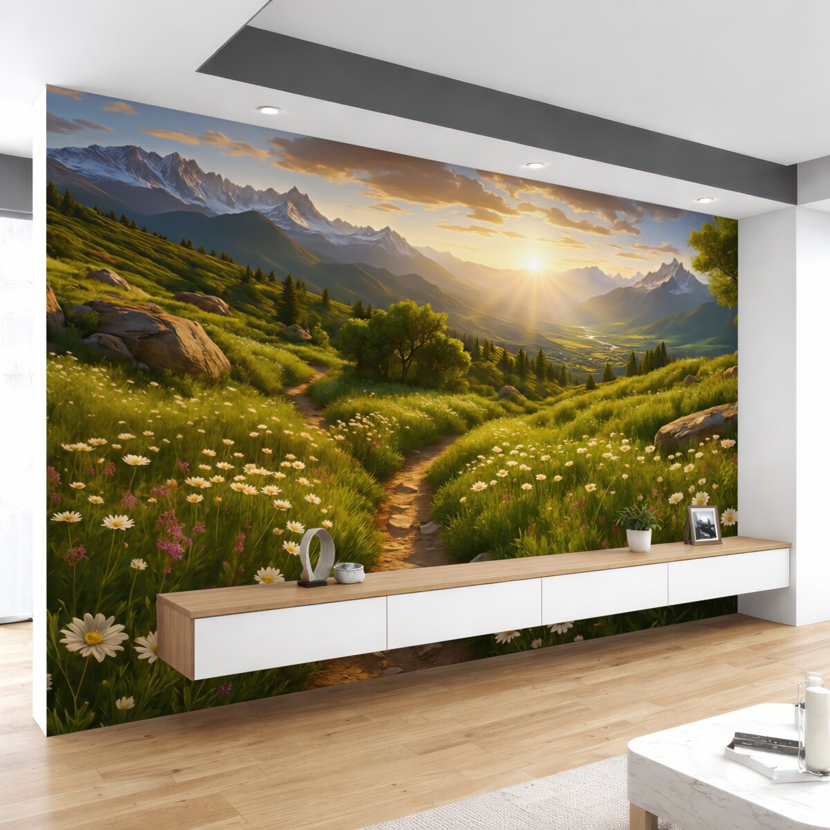 Fototapeta Zachód słońca nad górskim pejzażem.