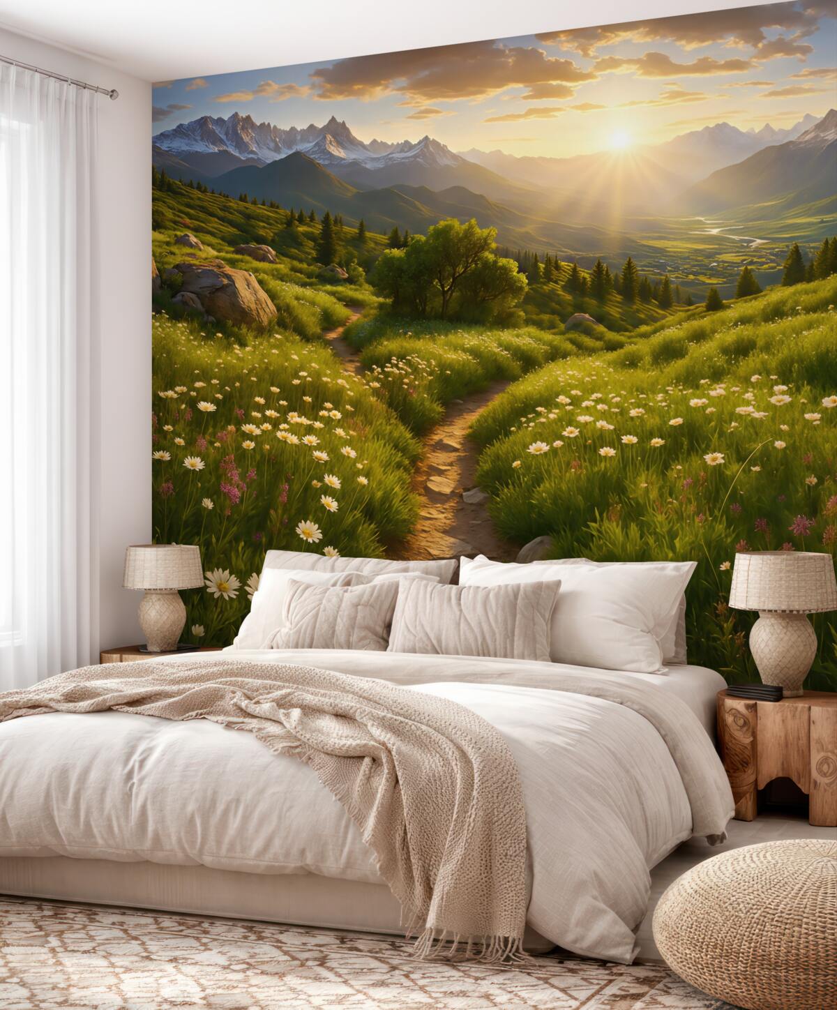 Fototapeta Zachód słońca nad górskim pejzażem.