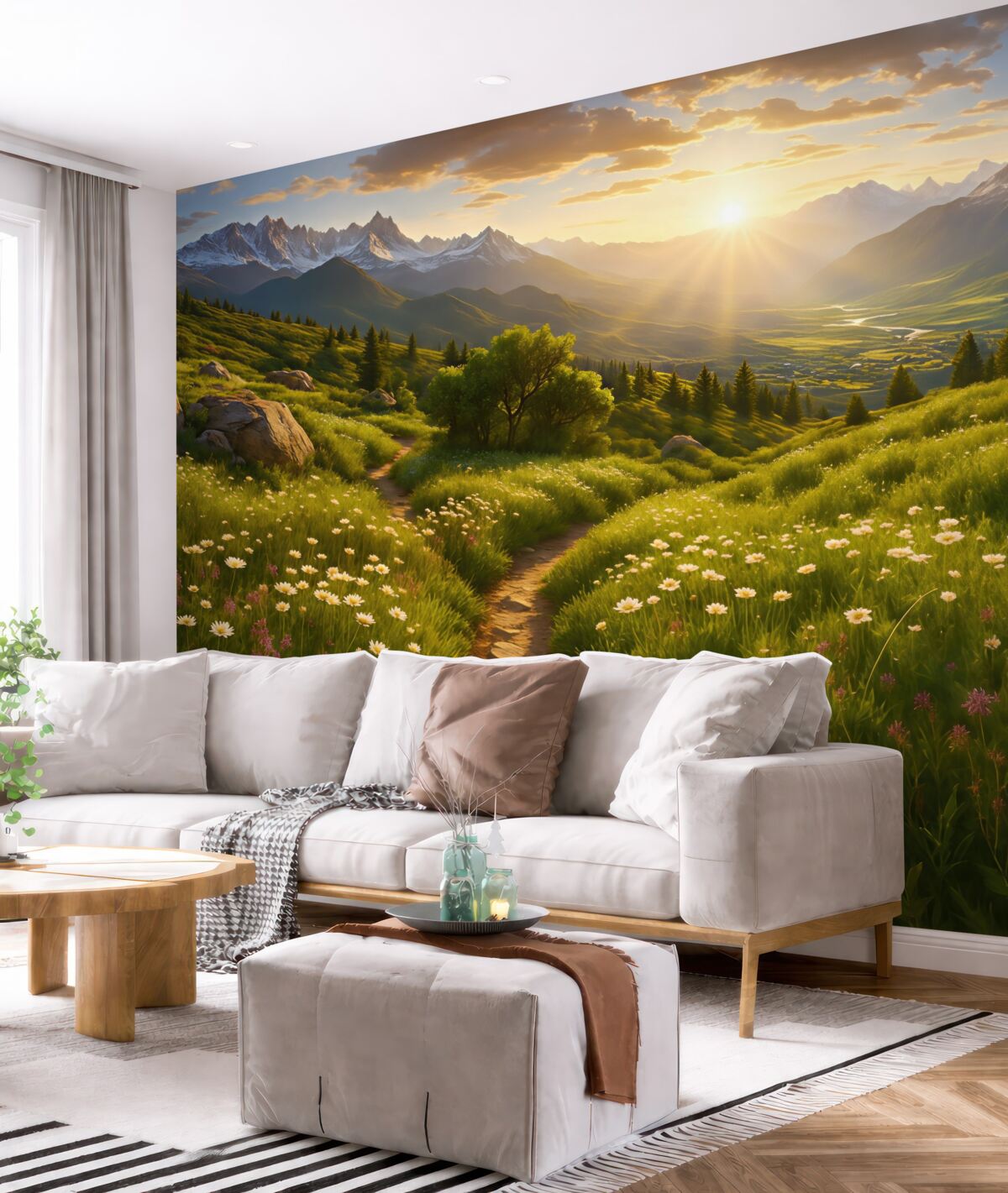 Fototapeta Zachód słońca nad górskim pejzażem.