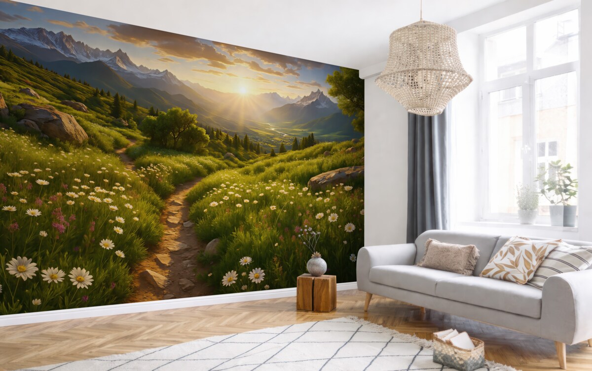 Fototapeta Zachód słońca nad górskim pejzażem.