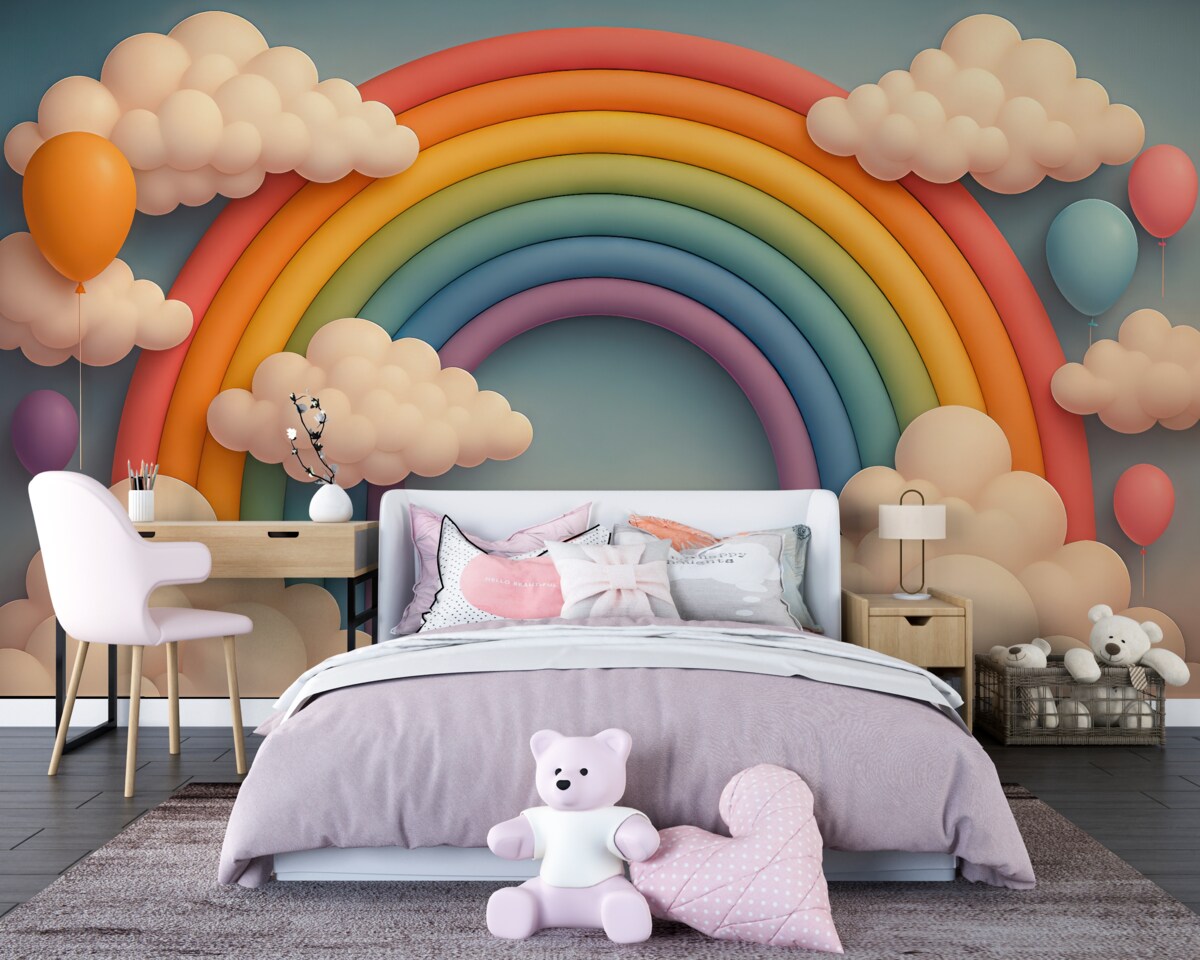 Fototapeta Tęcza trójwymiarowa z chmurami.