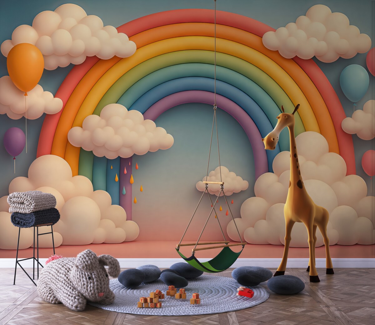 Fototapeta Tęcza trójwymiarowa z chmurami.