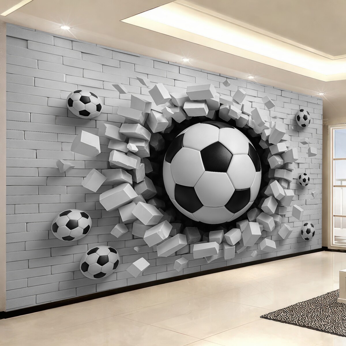 Fototapeta Piłki nożne przebijające się przez mur.