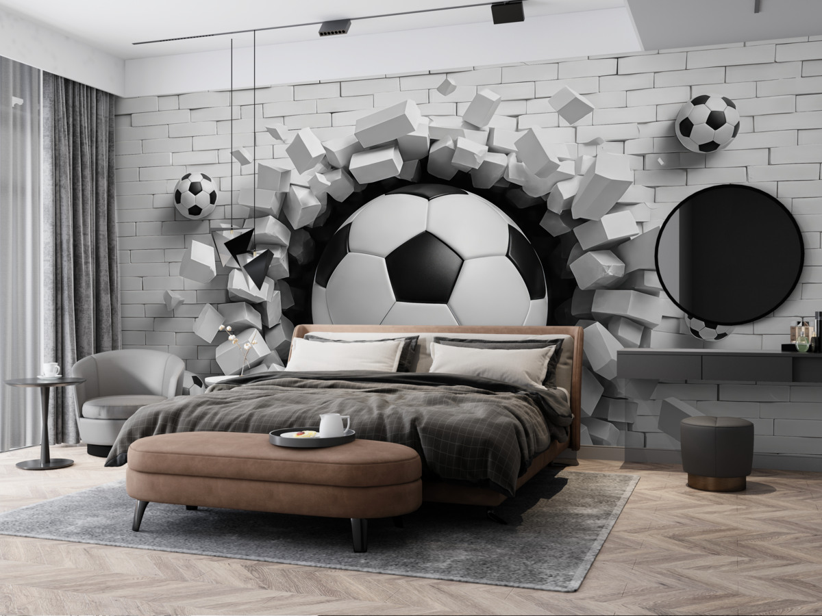 Fototapeta Piłki nożne przebijające się przez mur.