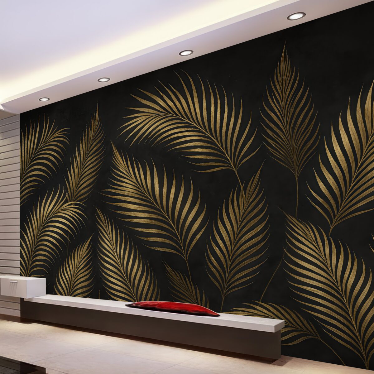 Fototapeta Liście palmowe na ciemnym tle ściany.