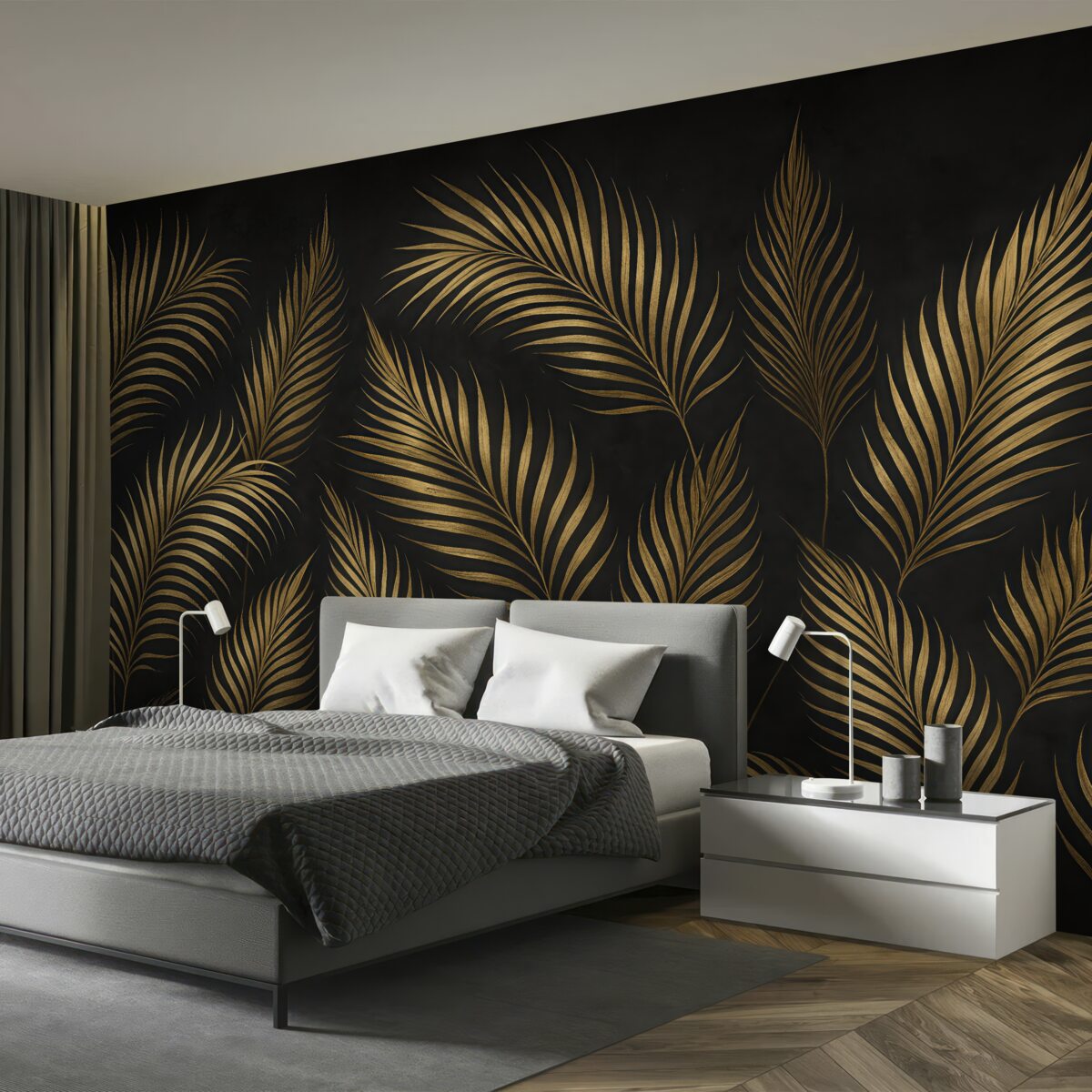 Fototapeta Liście palmowe na ciemnym tle ściany.