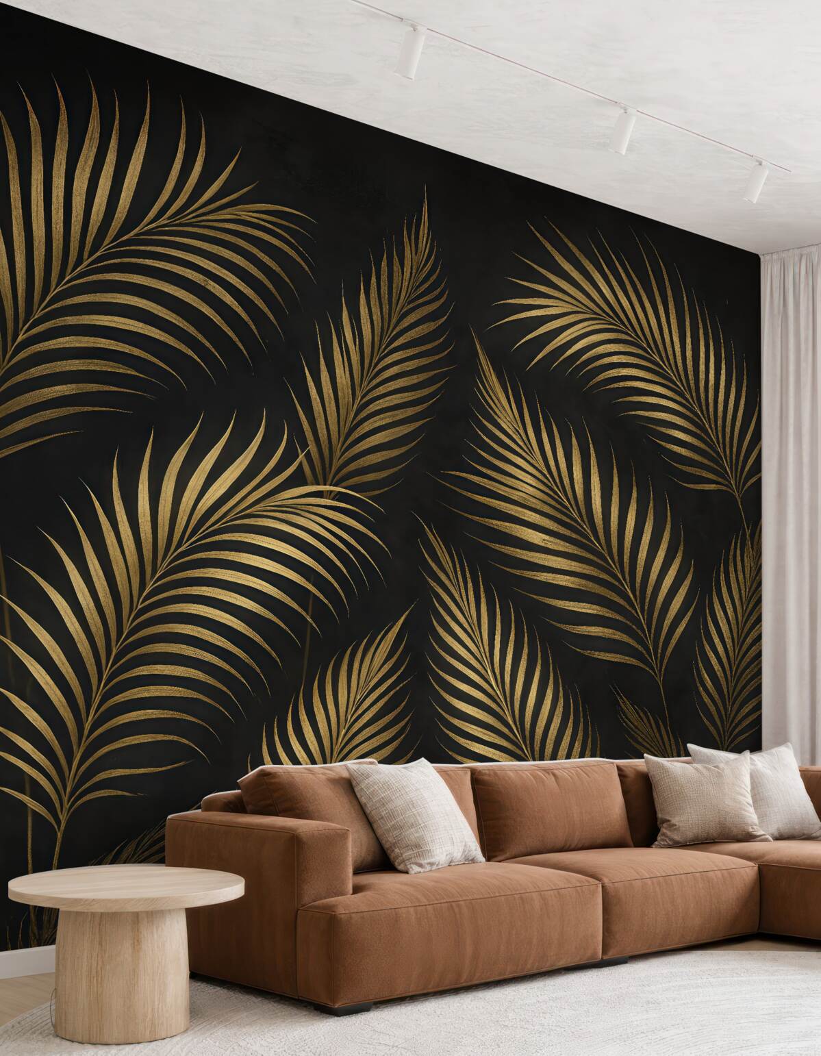 Fototapeta Liście palmowe na ciemnym tle ściany.