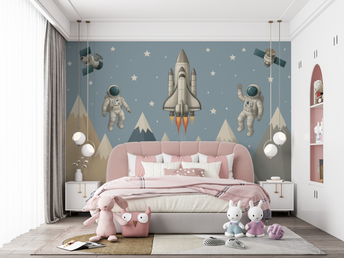 Fototapeta Rakieta, satelity i kosmonauci nad szczytami.