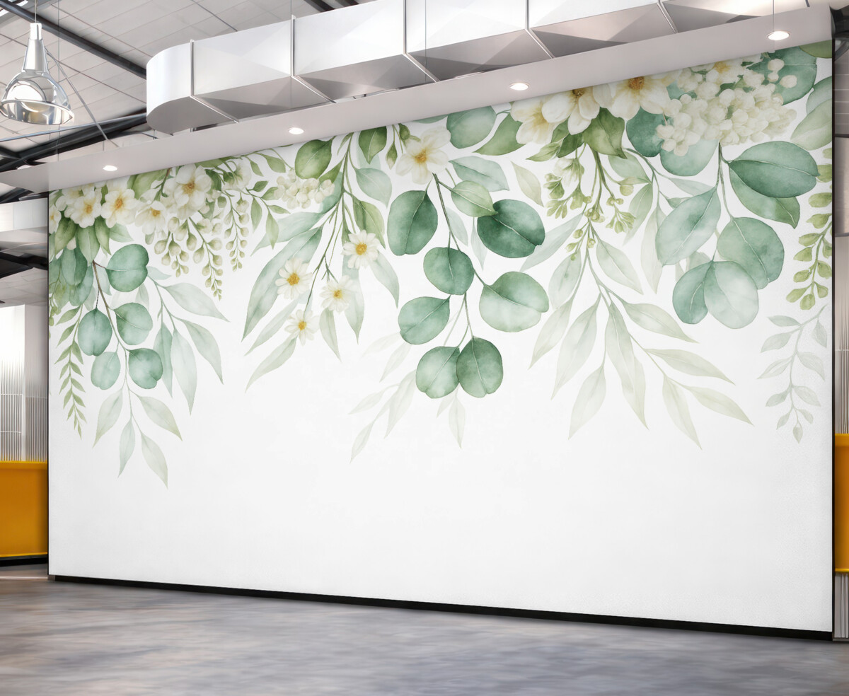 Fototapeta Akwarela z zielonymi liśćmi i kwiatami.