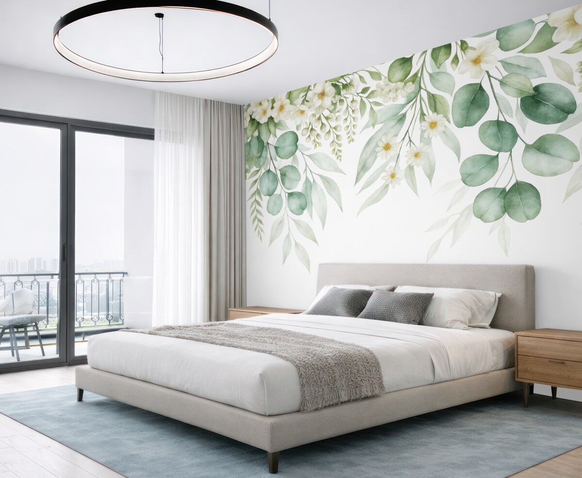 Fototapeta Akwarela z zielonymi liśćmi i kwiatami.