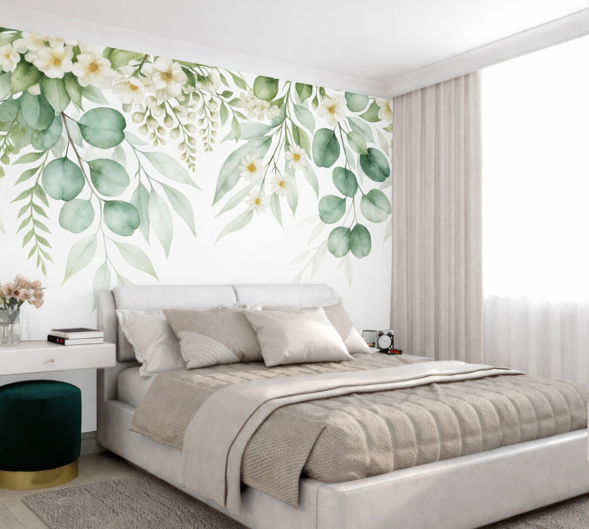 Fototapeta Akwarela z zielonymi liśćmi i kwiatami.