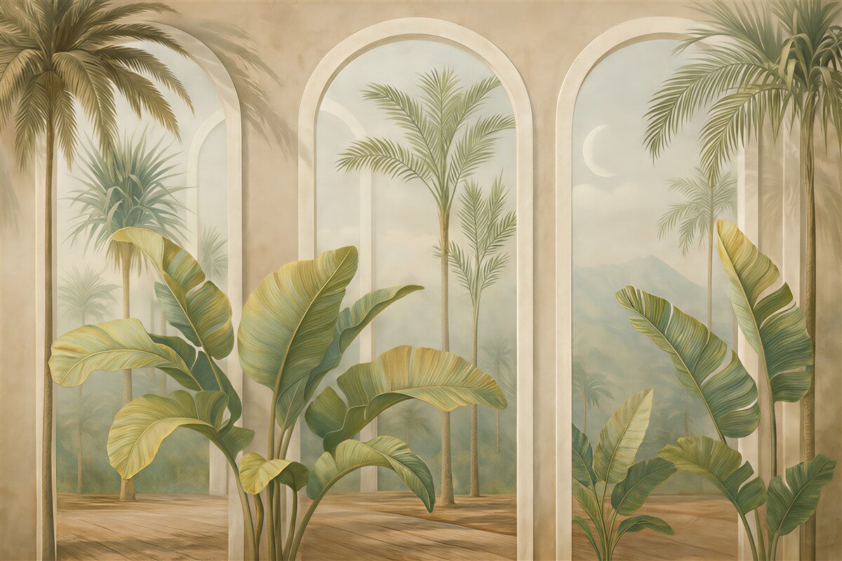 Fototapeta Liście tropikalne w 3D z palmami oraz kolumnami.