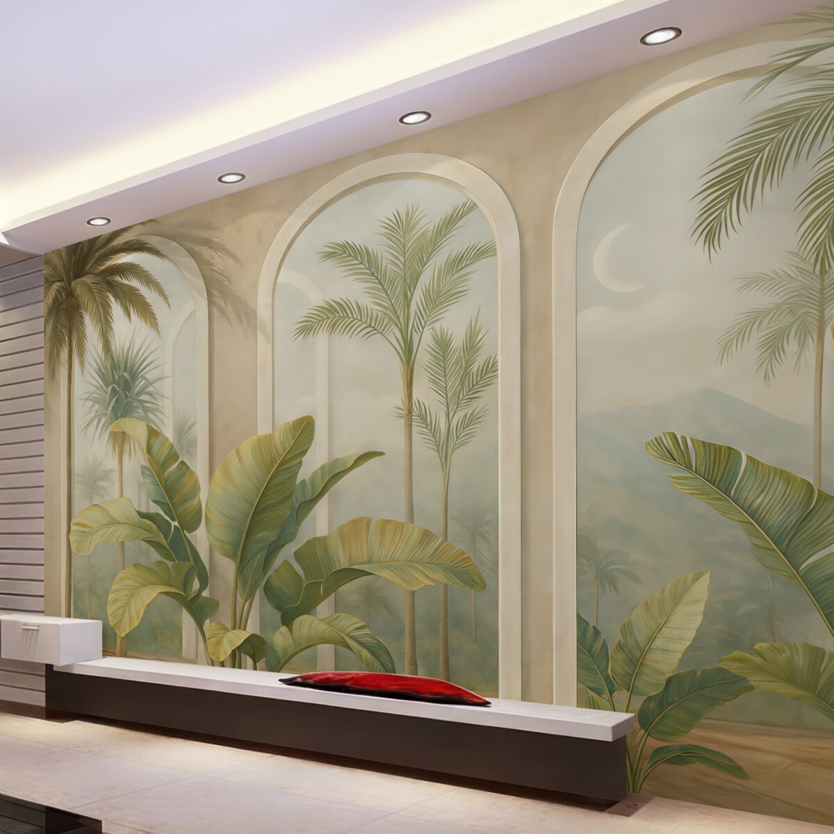 Fototapeta Liście tropikalne w 3D z palmami oraz kolumnami.