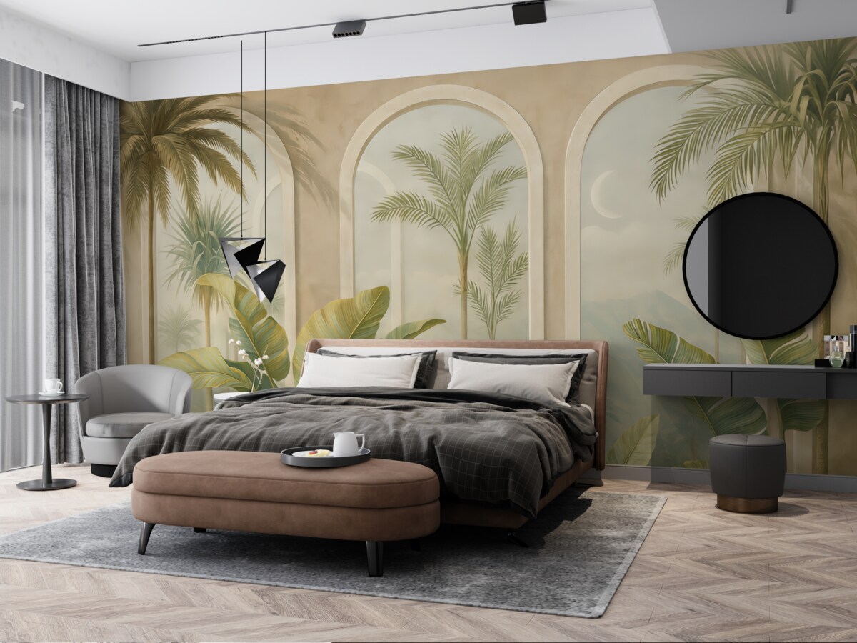 Fototapeta Liście tropikalne w 3D z palmami oraz kolumnami.