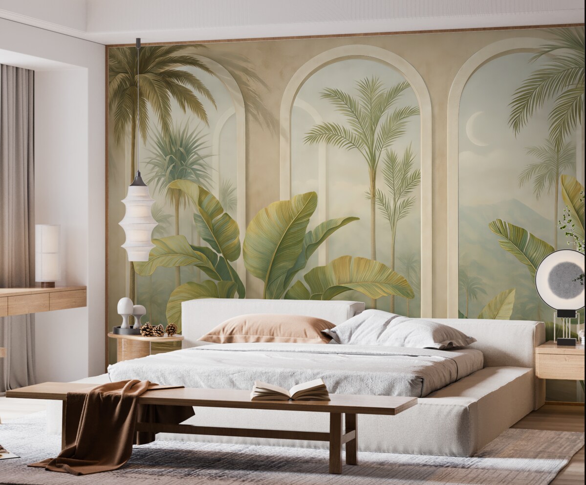 Fototapeta Liście tropikalne w 3D z palmami oraz kolumnami.