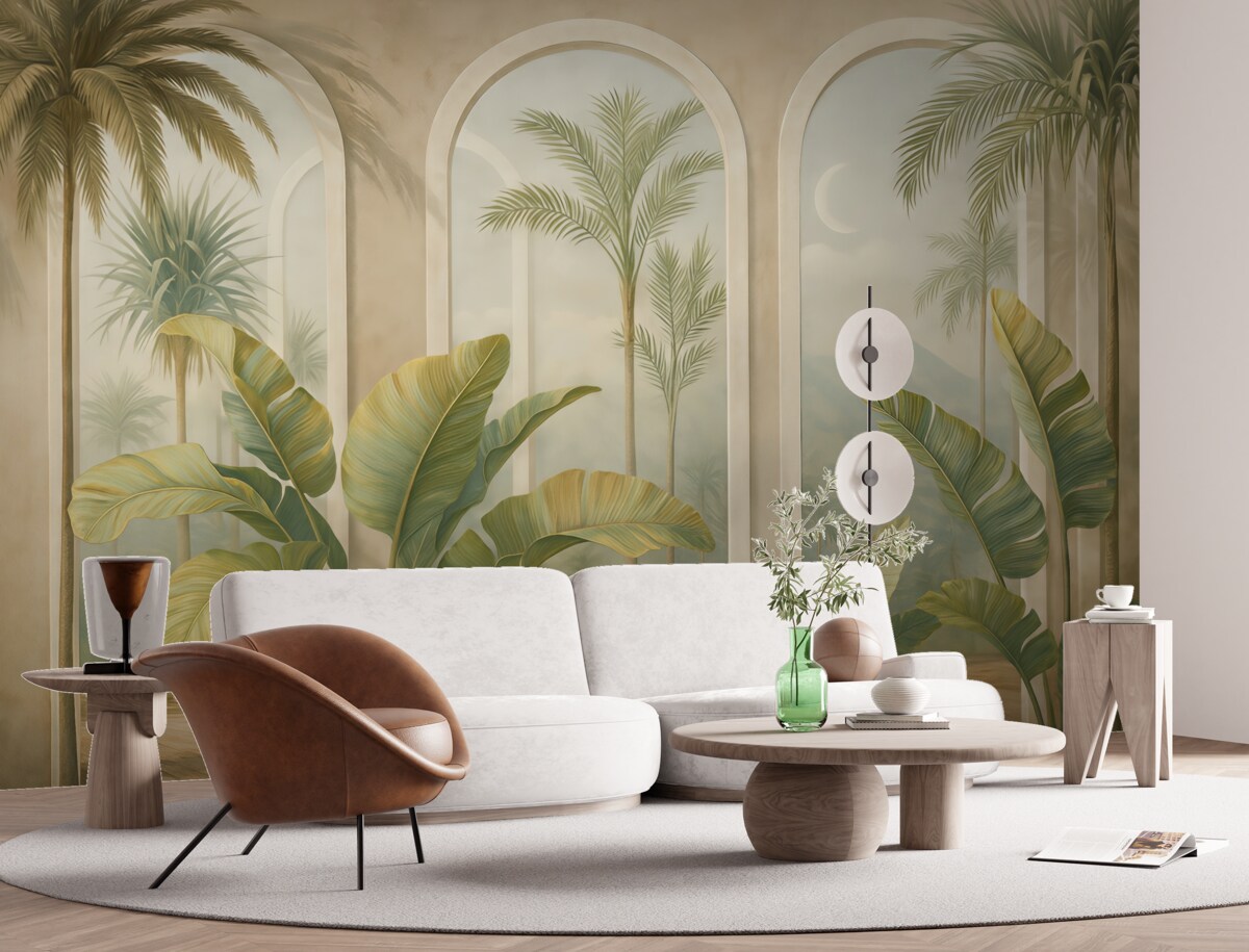 Fototapeta Liście tropikalne w 3D z palmami oraz kolumnami.