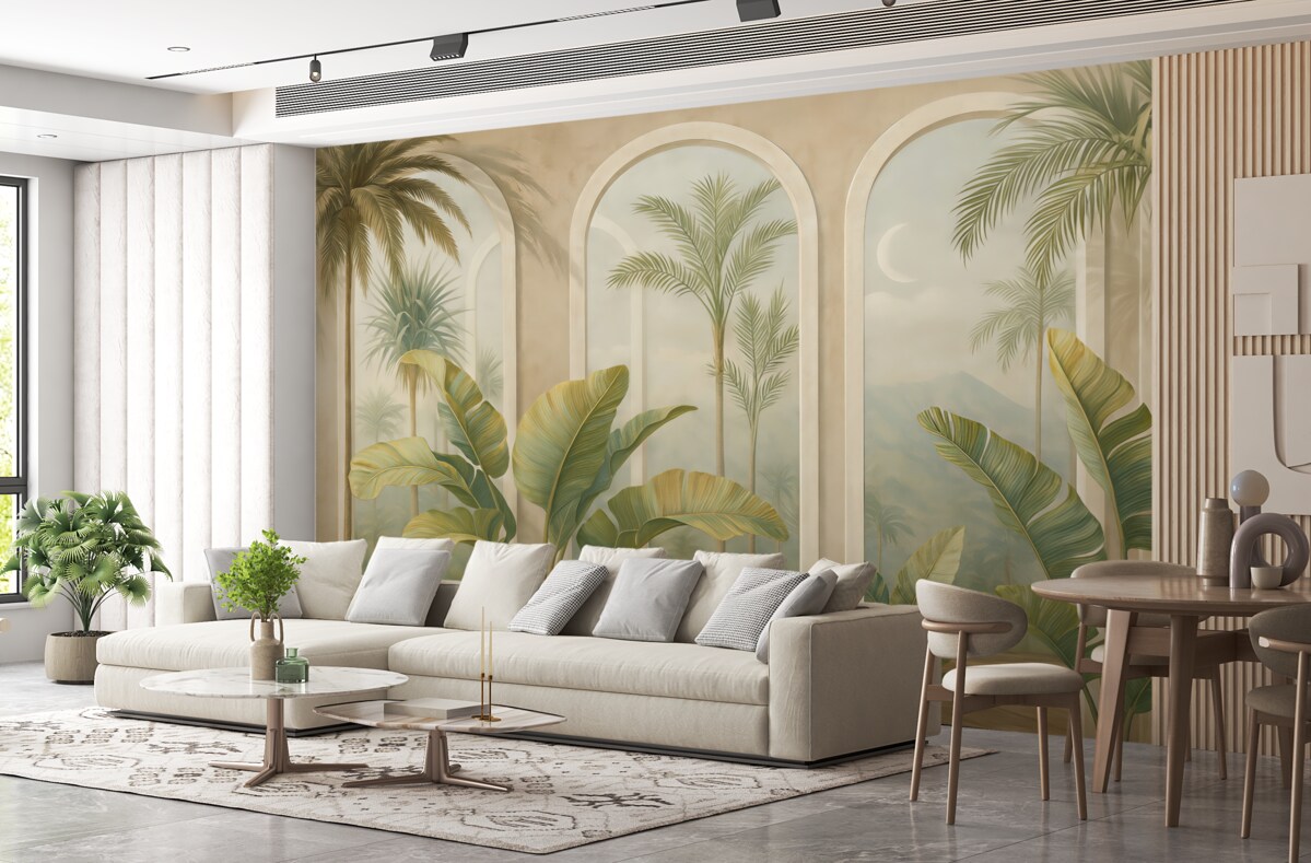 Fototapeta Liście tropikalne w 3D z palmami oraz kolumnami.