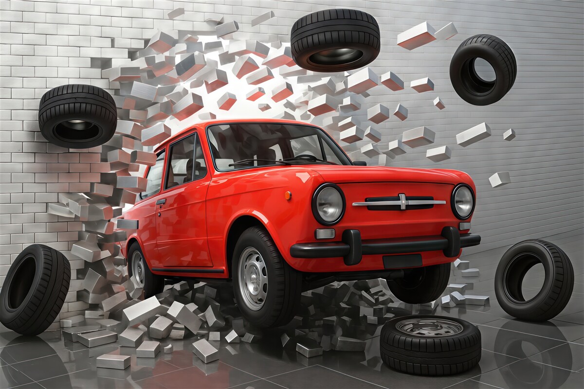 Fototapeta Czerwony samochód w stylu retro przetrzymuje lekką ścianę z cegieł.