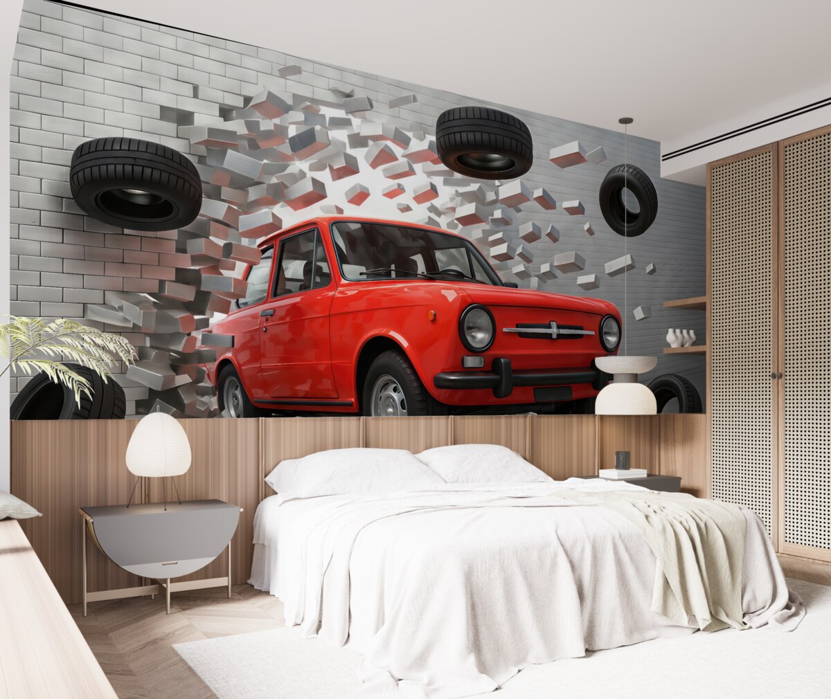 Fototapeta Czerwony samochód w stylu retro przetrzymuje lekką ścianę z cegieł.