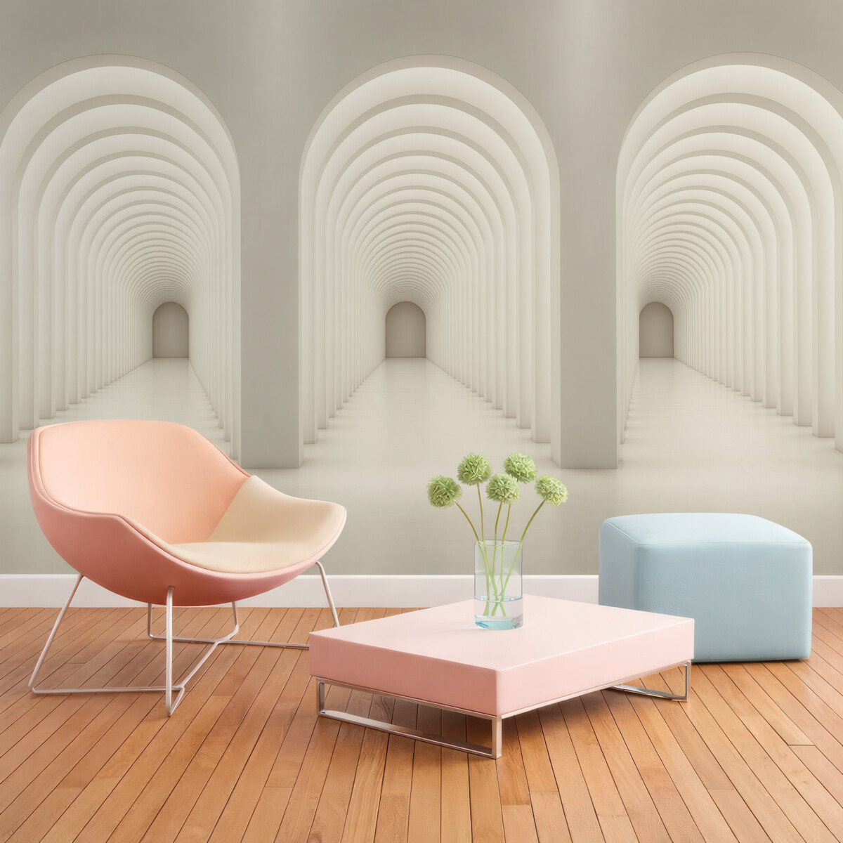 Fototapeta Biały betonowy łuk umiejscowiony w prostej linii ze światłem.