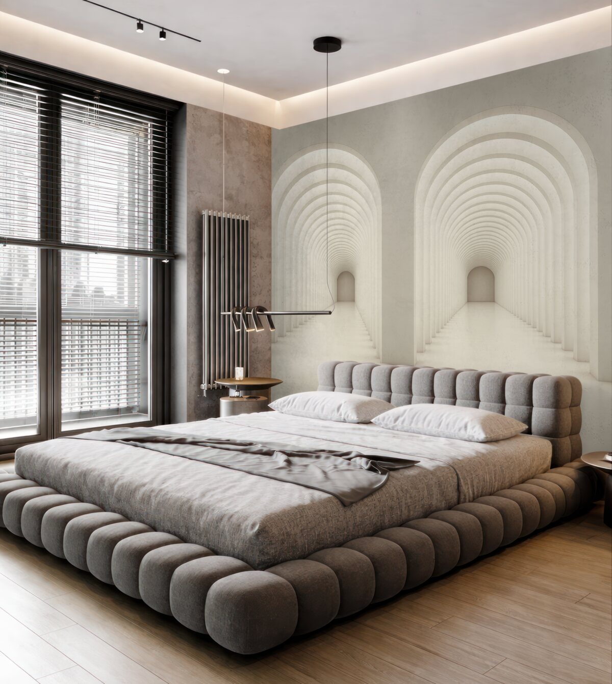 Fototapeta Biały betonowy łuk umiejscowiony w prostej linii ze światłem.