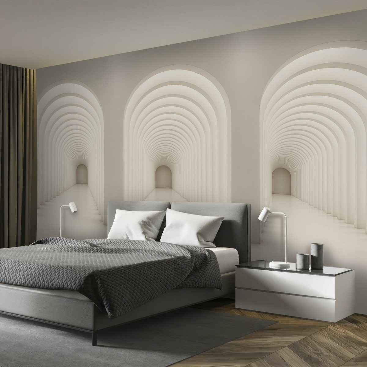 Fototapeta Biały betonowy łuk umiejscowiony w prostej linii ze światłem.