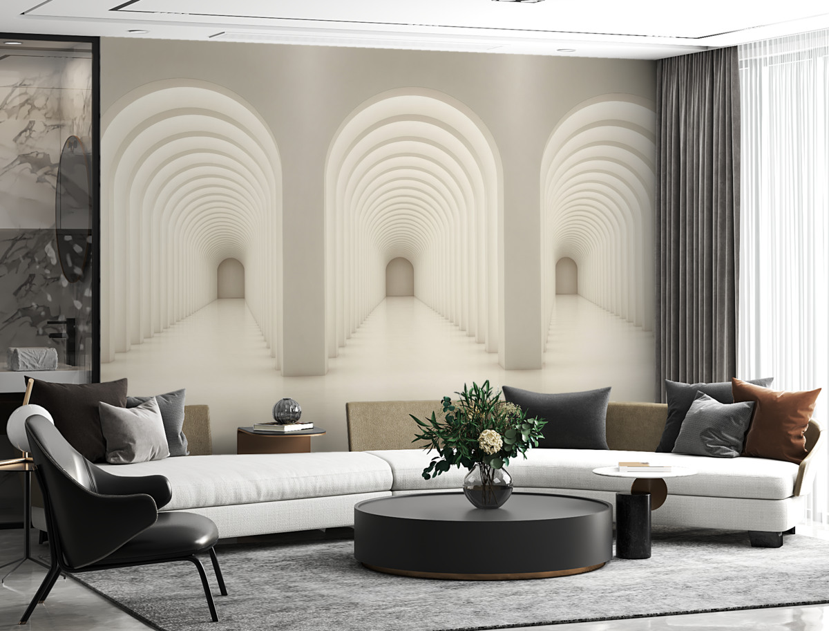 Fototapeta Biały betonowy łuk umiejscowiony w prostej linii ze światłem.