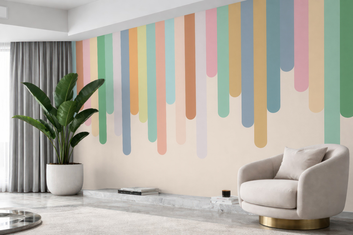 Fototapeta Kolorowe tęczowe pasy wstążki w pokoju dla dzieci.