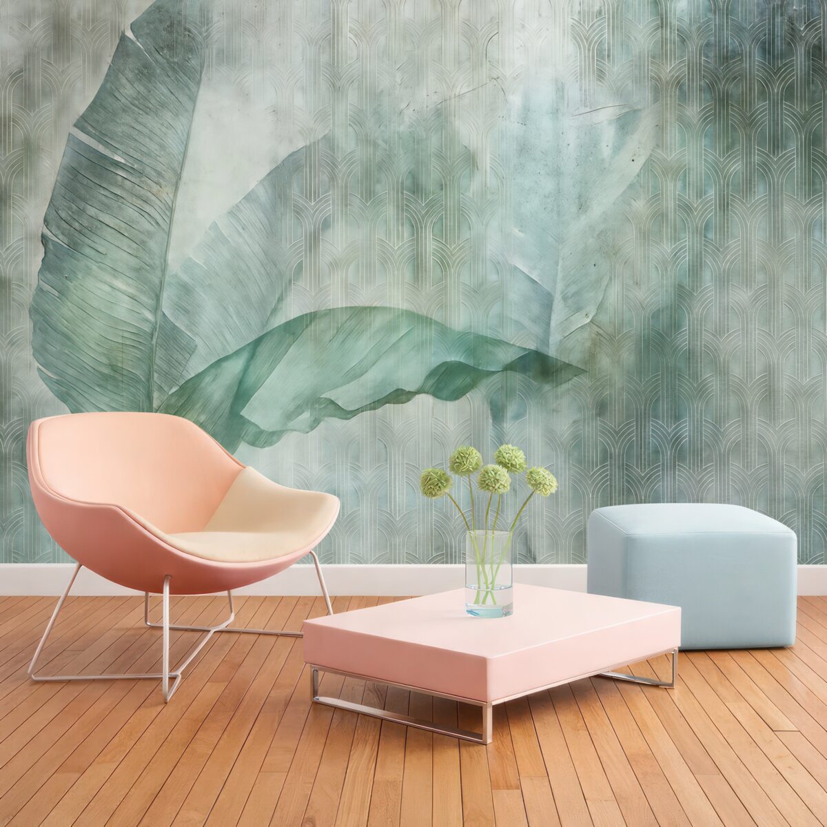 Fototapeta Wielkie zielone liście bananowców oraz marmurowa faktura.