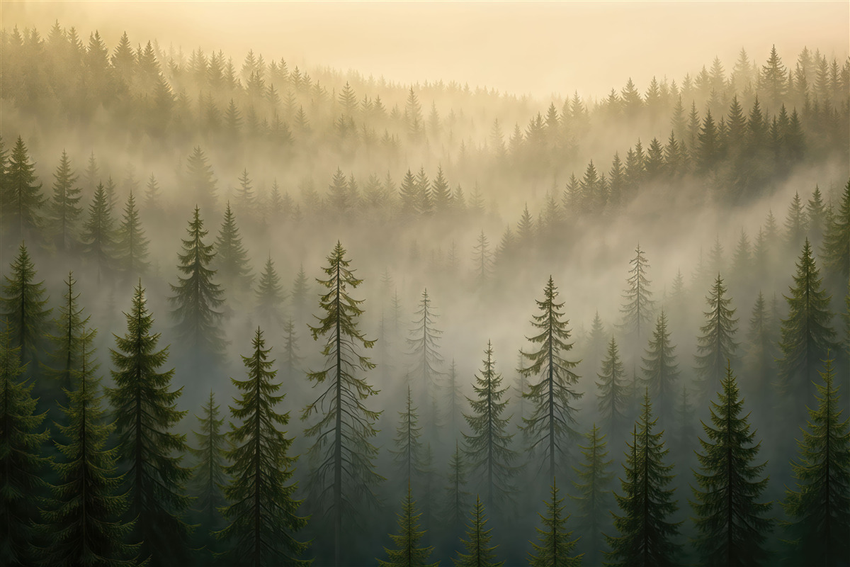 Fototapeta Sylwetka ciemnego świerka otulona mgłą