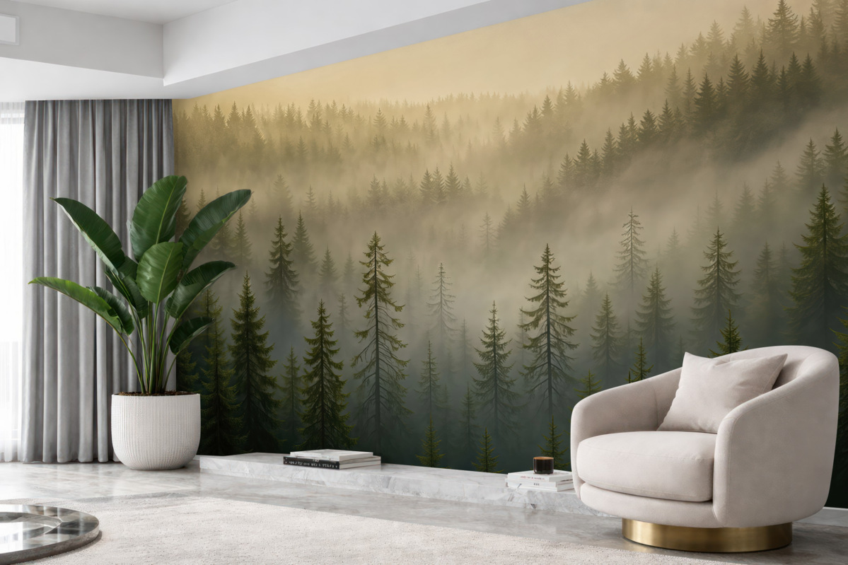 Fototapeta Sylwetka ciemnego świerka otulona mgłą