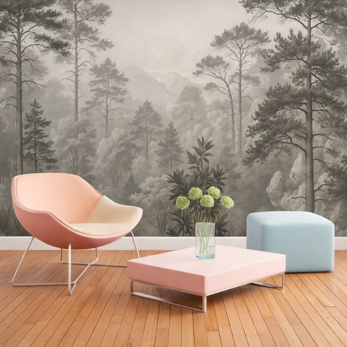 Fototapeta Wysokie drzewa na pagórkach, las w mgle.