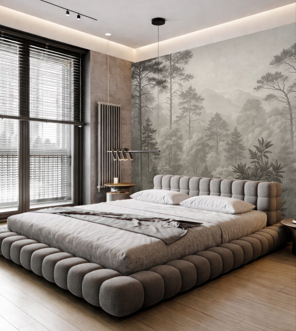 Fototapeta Wysokie drzewa na pagórkach, las w mgle.