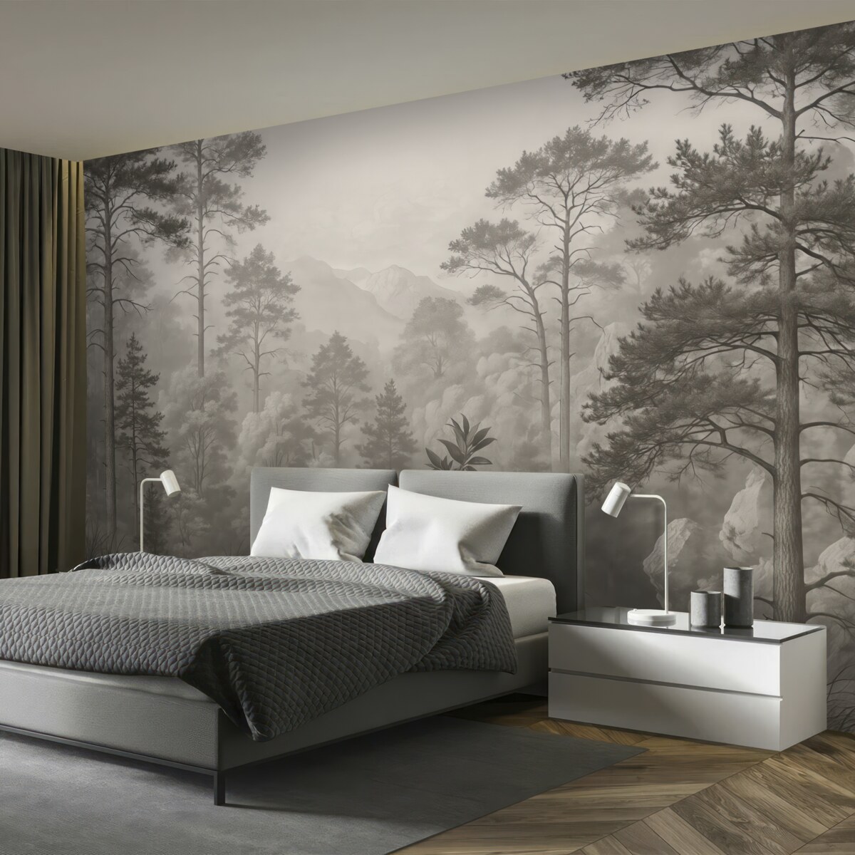 Fototapeta Wysokie drzewa na pagórkach, las w mgle.