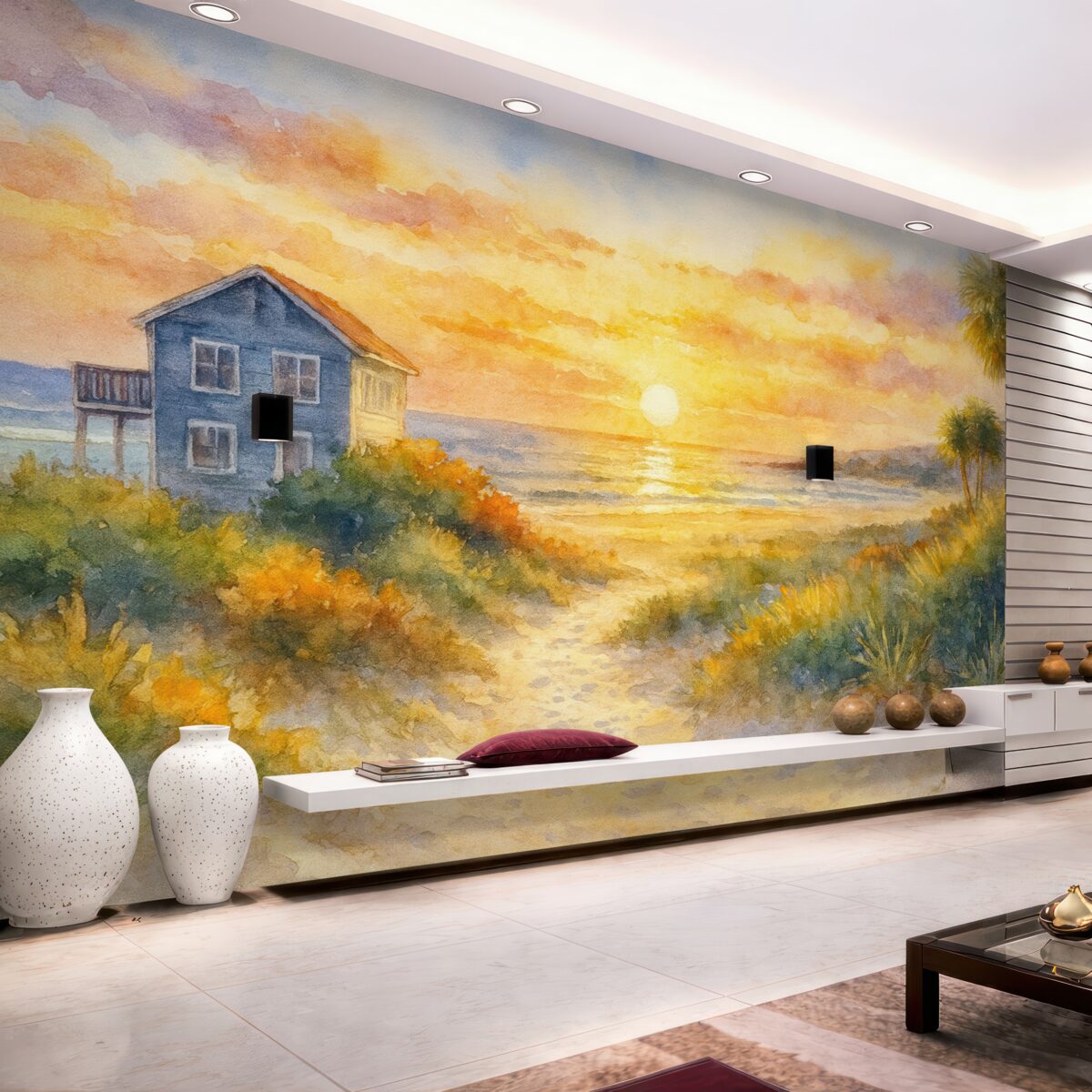 Fototapeta Budynek nad morzem w akwareli.