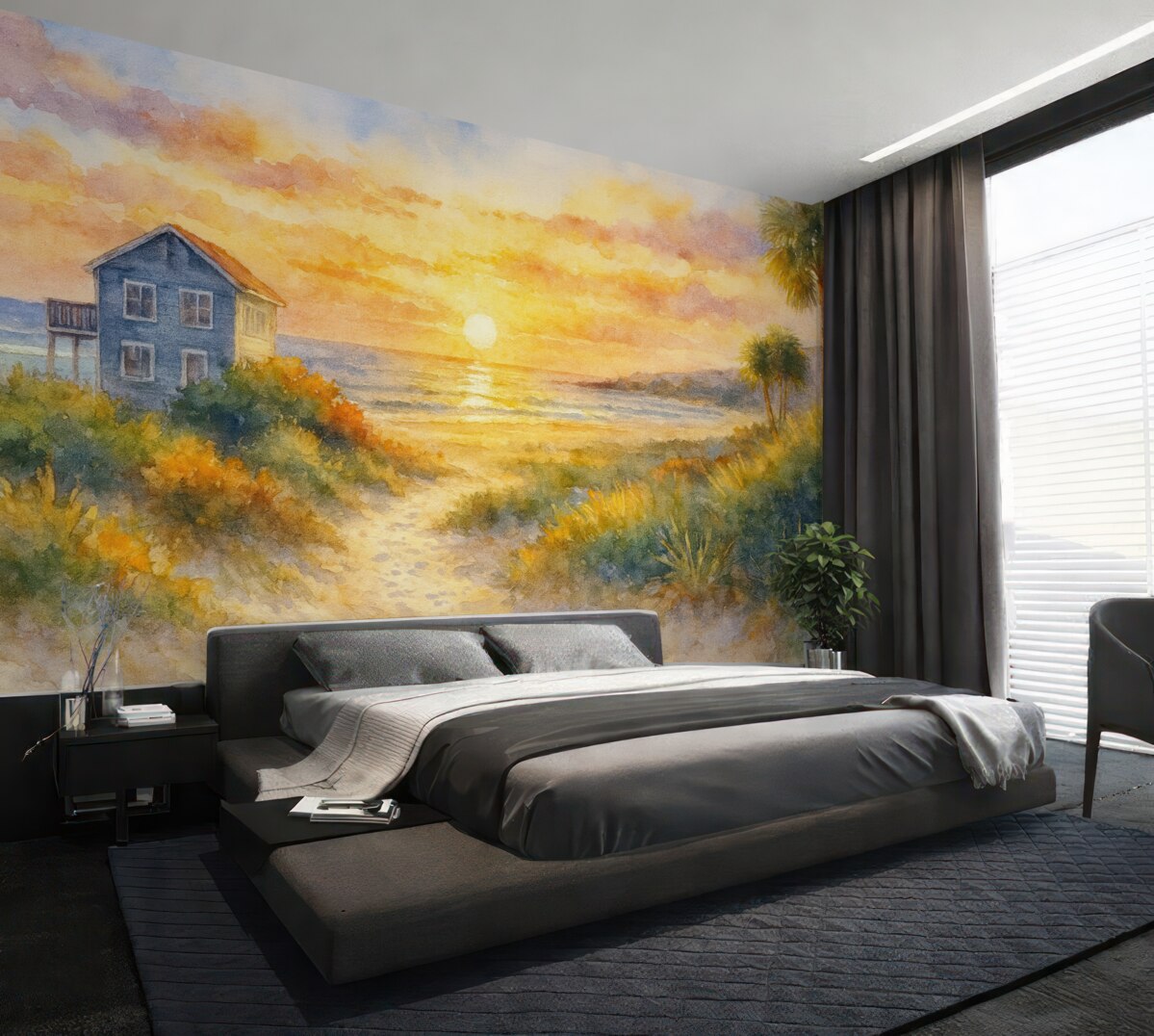 Fototapeta Budynek nad morzem w akwareli.