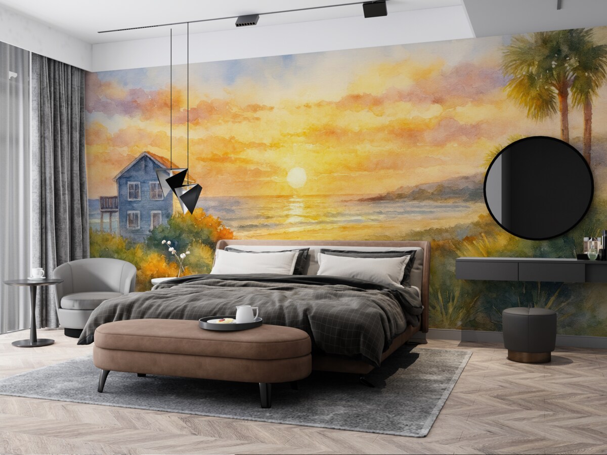 Fototapeta Budynek nad morzem w akwareli.