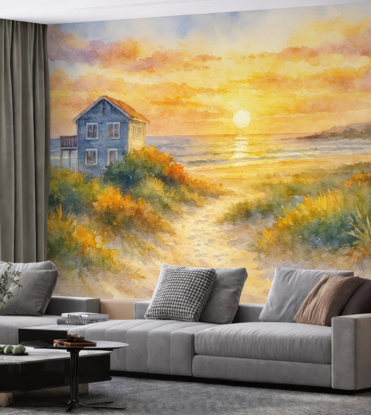 Fototapeta Budynek nad morzem w akwareli.