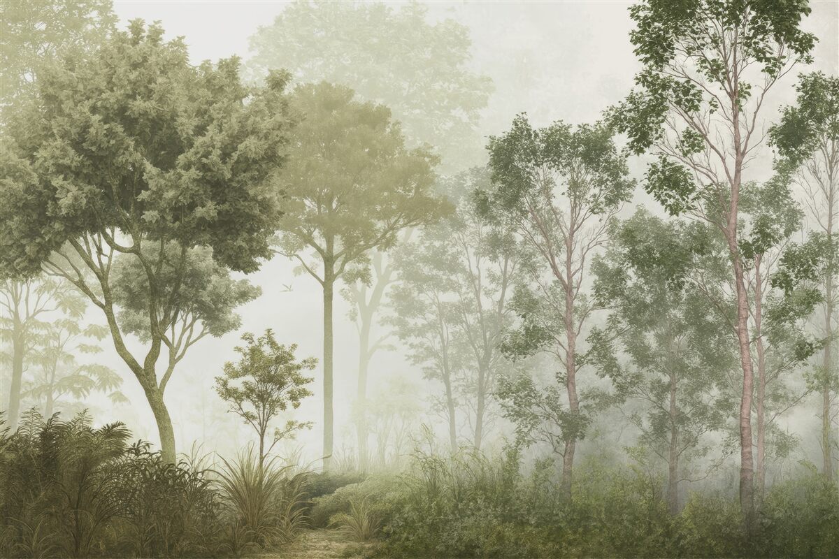 Fototapeta Tropikalne rośliny i liście w zamglonym lesie.