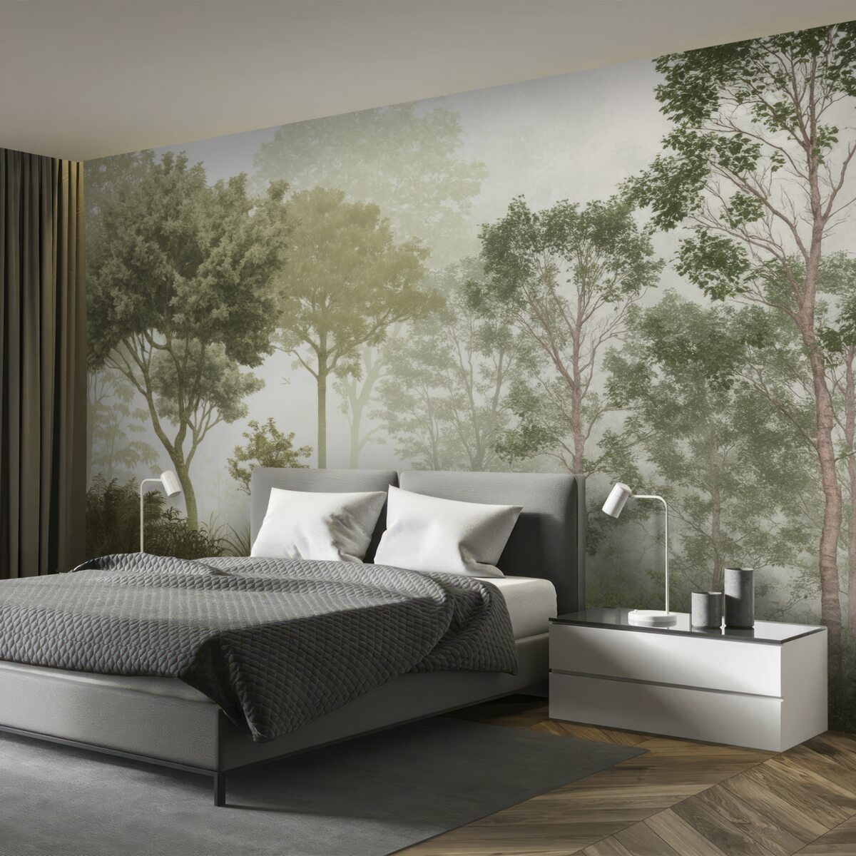 Fototapeta Tropikalne rośliny i liście w zamglonym lesie.