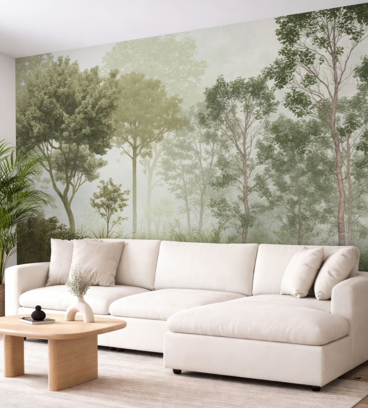 Fototapeta Tropikalne rośliny i liście w zamglonym lesie.