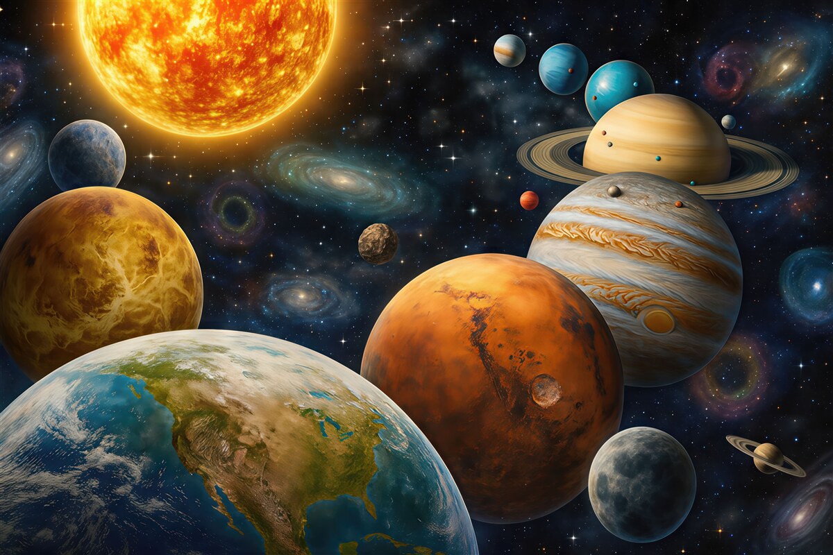 Fototapeta Kolorowe ciała niebieskie Układu Słonecznego.