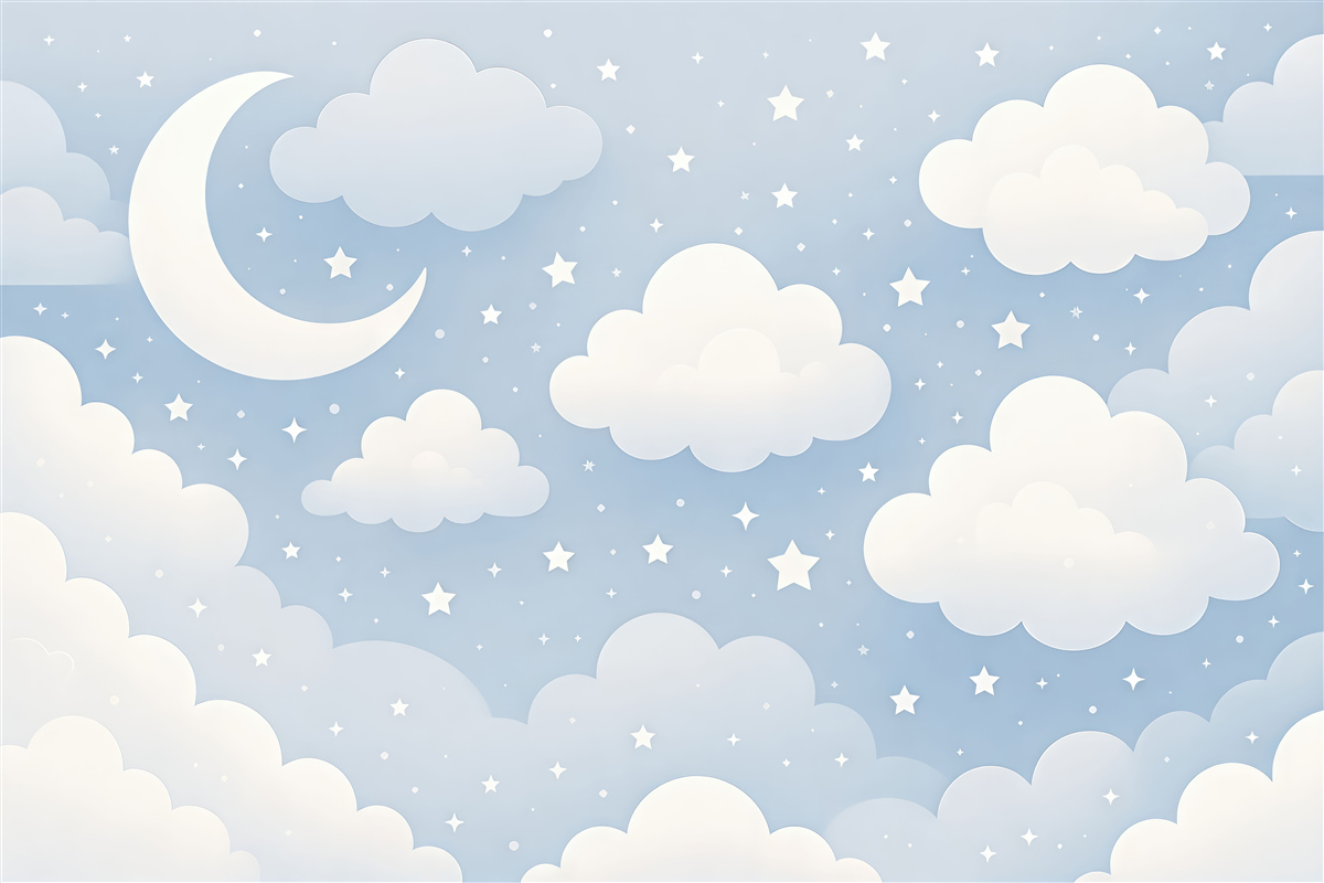 Fototapeta Atrakcyjna tapeta z chmurkami, gwiazdami i księżycem na błękitnym tle.