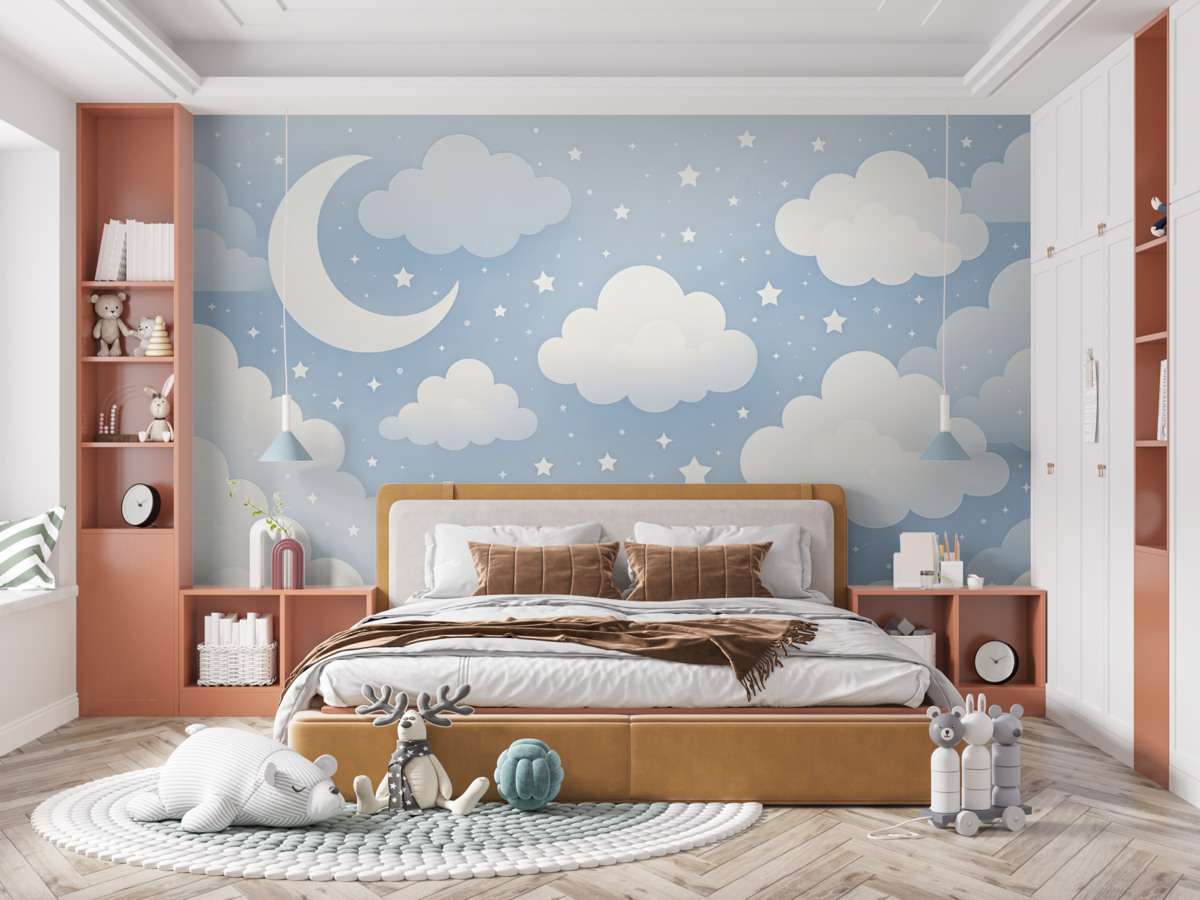 Fototapeta Atrakcyjna tapeta z chmurkami, gwiazdami i księżycem na błękitnym tle.