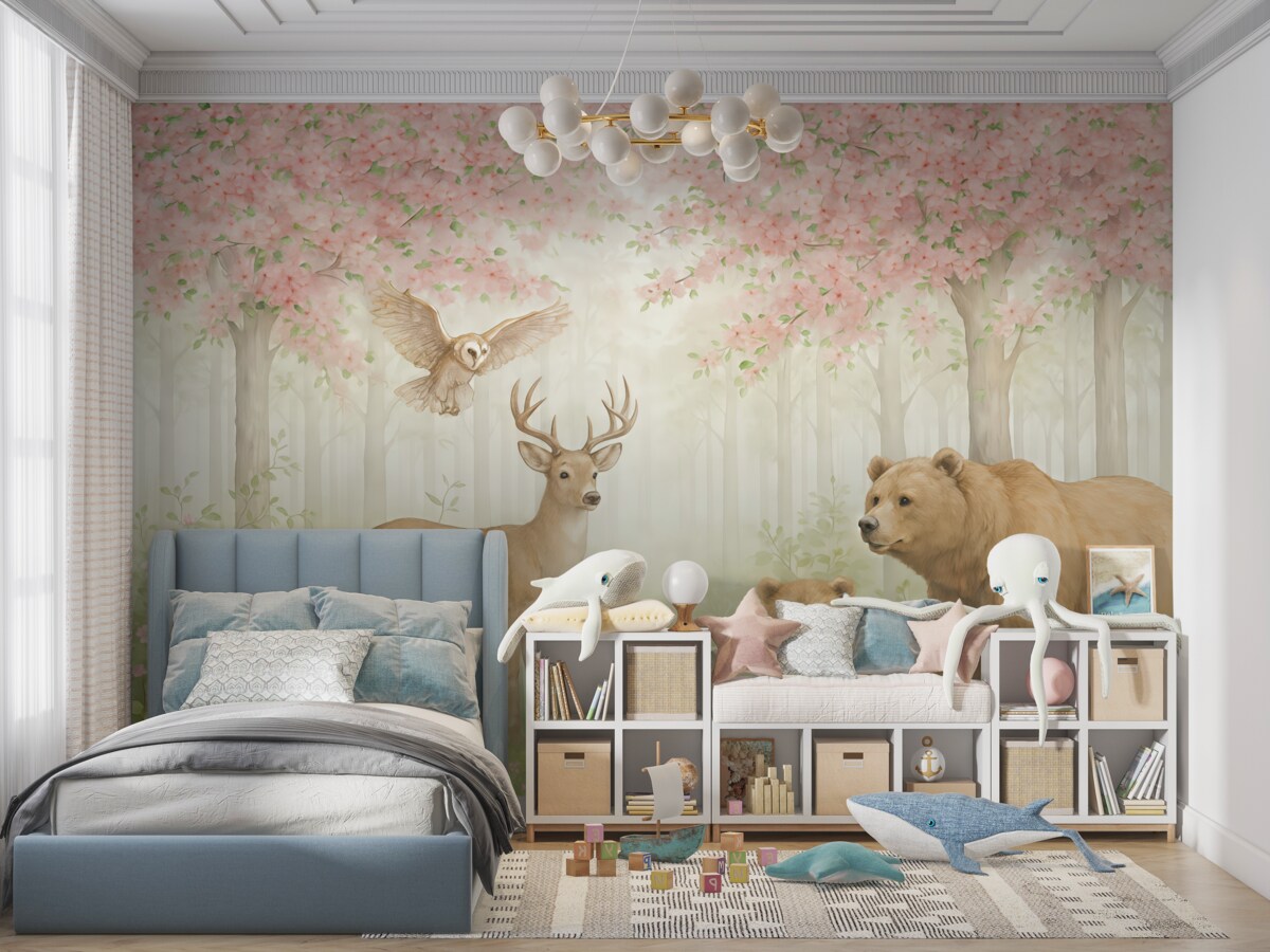 Fototapeta Rozkwitający las z dziką fauną.