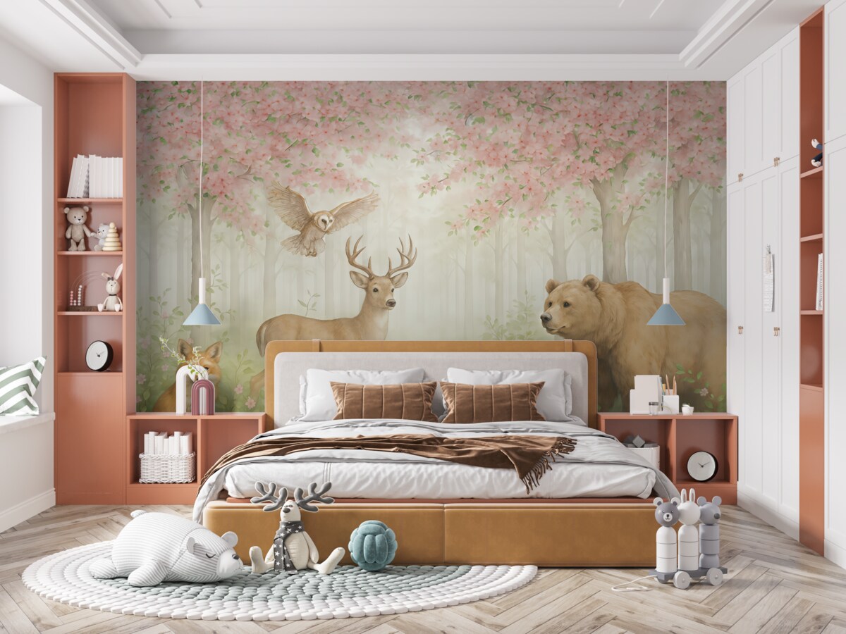 Fototapeta Rozkwitający las z dziką fauną.